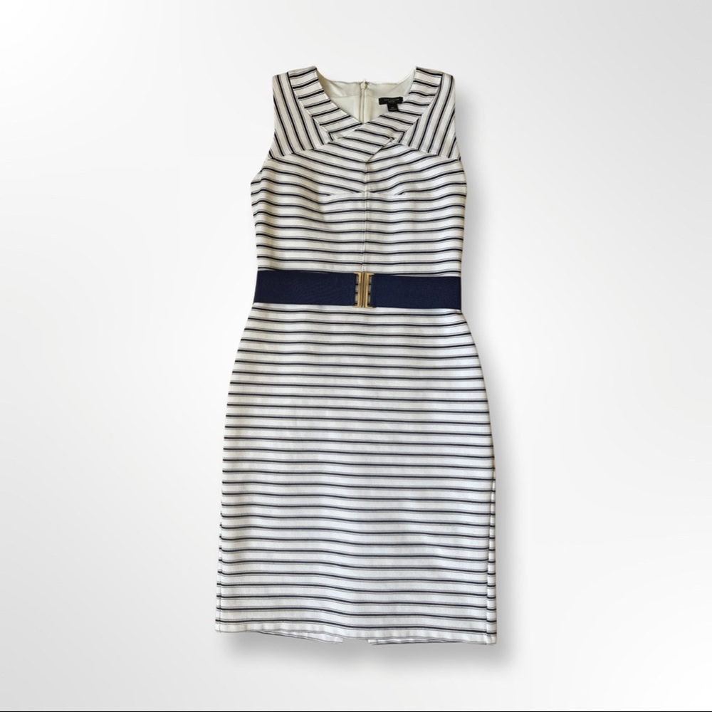 Blue and White Belted Ann Taylor Petite Ponte Shift Dress